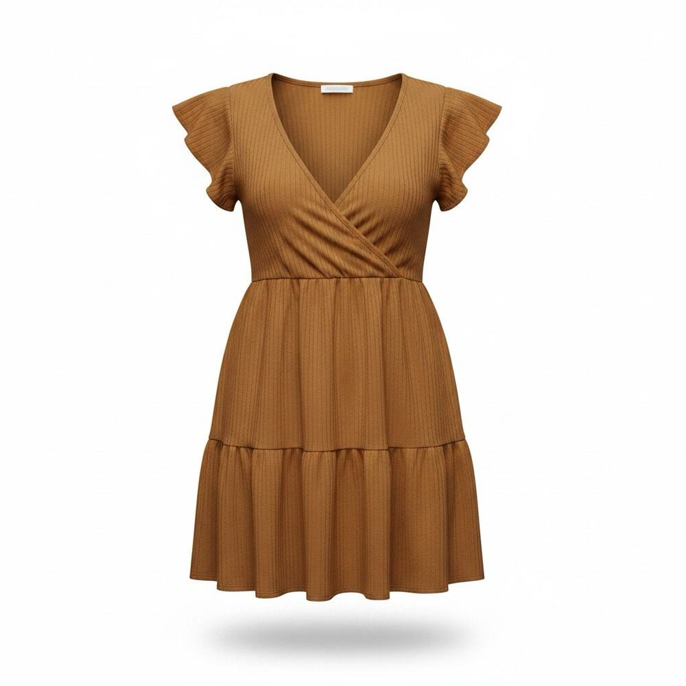 See You Monday Rust Brown Ribbed Tiered Babydoll Dress Size Medium